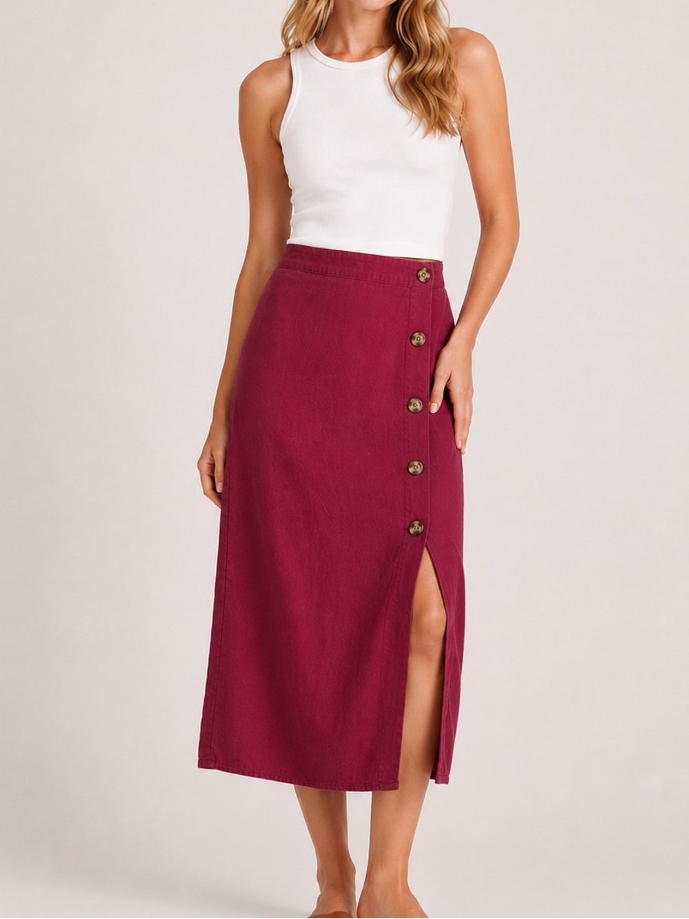 NWOT Market & Spruce Button-Front Midi Skirt in Wine